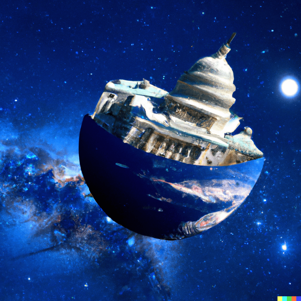 Image generated by OpenAI Dalle of the United States Capitol building floating in space with the backdrop of a beautiful planet.