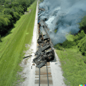 Hyperrealistic photo taken with a drone showing portions of a freight train that derailed and remain on fire at mid-day.