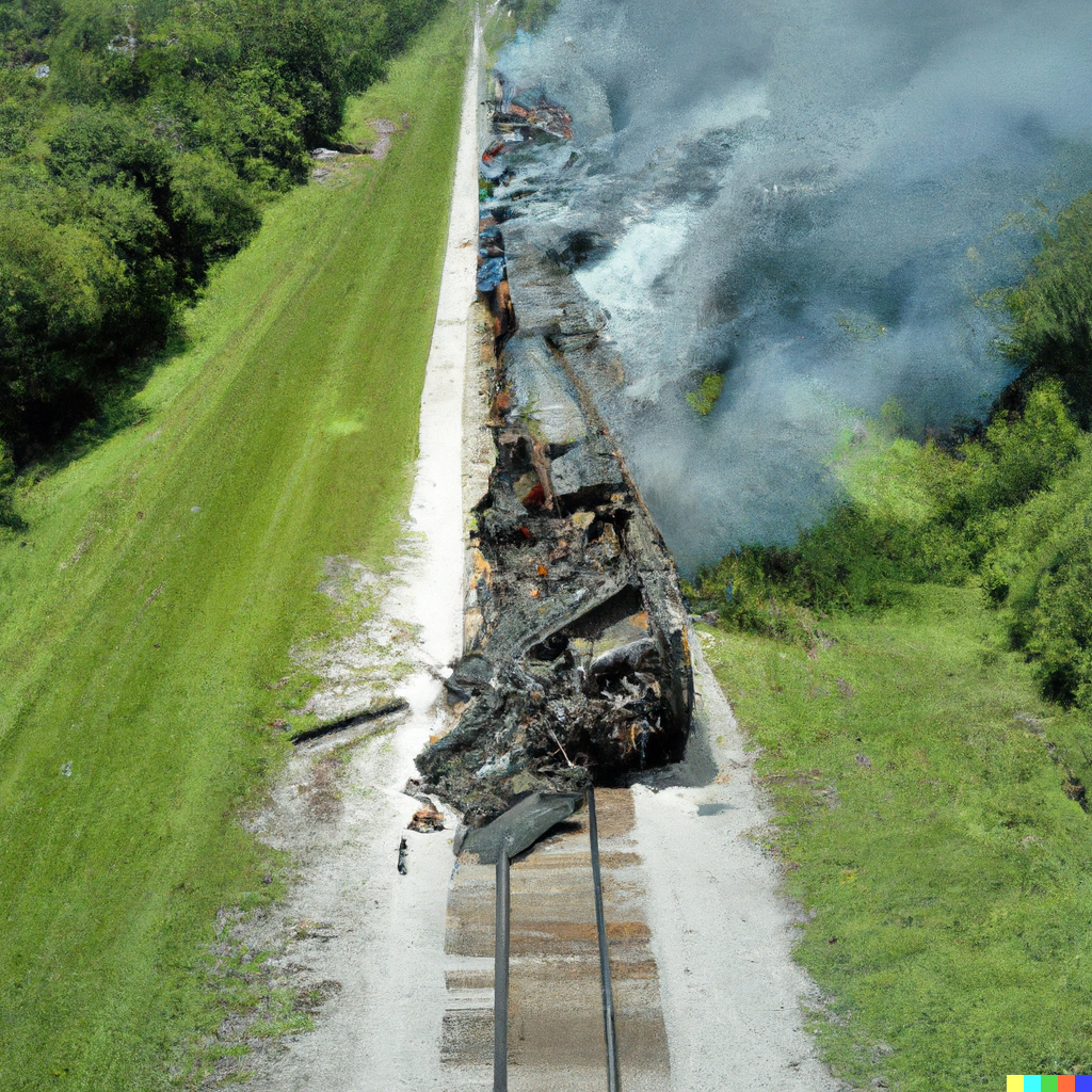 Hyperrealistic photo taken with a drone showing portions of a freight train that derailed and remain on fire at mid-day.