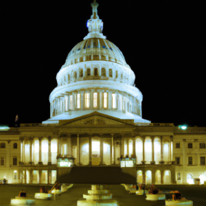 Generate an image of the US Capitol Building at night, with lights illuminating the dome and surrounding buildings.